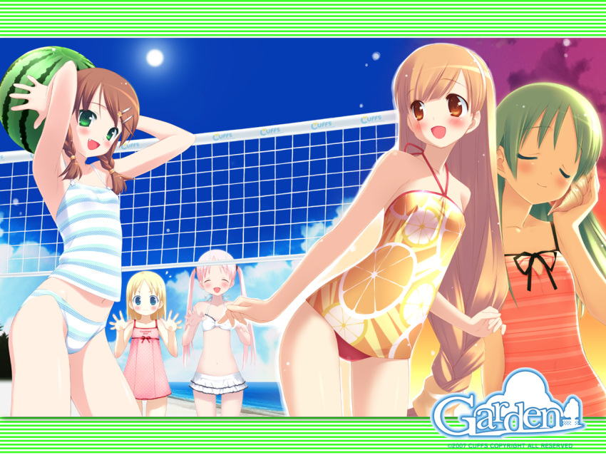 5girls beach beach_volleyball bikini blush day food frilled_bikini frills fruit garden_(game) gayarou himemiya_ruri holding holding_food holding_fruit holding_watermelon hoshino_erika multiple_girls oerba_yun_fang orange_print otokawa_sayo outdoors rindou_mana smile striped_bikini striped_clothes suzumura_azami swimsuit tankini volleyball watermelon