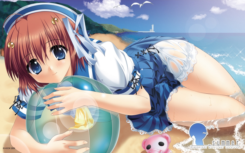 bad_id bad_link ball beach beachball blue_eyes brown_hair day female hair_bobbles hair_ornament hair_ribbon hat highres kaizu_sana lying matsushita_makako ocean outdoors rakko_(makarakko) ribbon school_uniform see-through short_hair skirt smile solo underbar_summer water wet wet_clothes