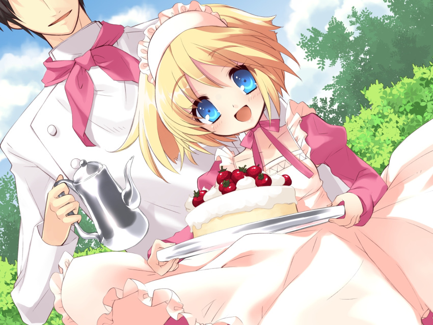 1boy alice_parade blonde_hair blue_eyes cake female food game_cg head_out_of_frame highres ito_noizi maid makino_arisu odoodo_funny pastry solo_focus strawberry_shortcake