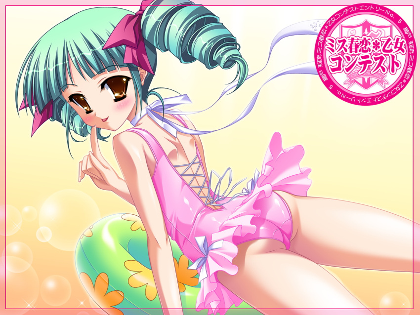 :p ass bad_id bad_link blush brown_eyes casual_one-piece_swimsuit choker drill_hair female frilled_one-piece_swimsuit frills green_hair hair_ribbon harukoi_otome_~otome_no_sono_de_gokigenyou~ innertube katagiri_hinata looking_back one-piece_swimsuit orito_riru ribbon solo swim_ring swimsuit tongue tongue_out twintails