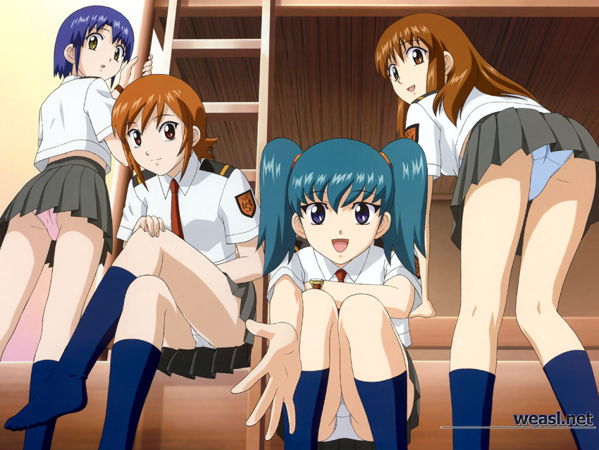 4girls blue_hair brown_eyes brown_hair crotch_seam doi_shizuha honjou_mikaze kikuhara_karin meteor_sweepers_uniform multiple_girls nakamura_ayamo panties pantyshot purple_eyes red_eyes short_hair skirt socks stratos_4 twintails underwear uniform watermark white_panties yamauchi_noriyasu yellow_eyes