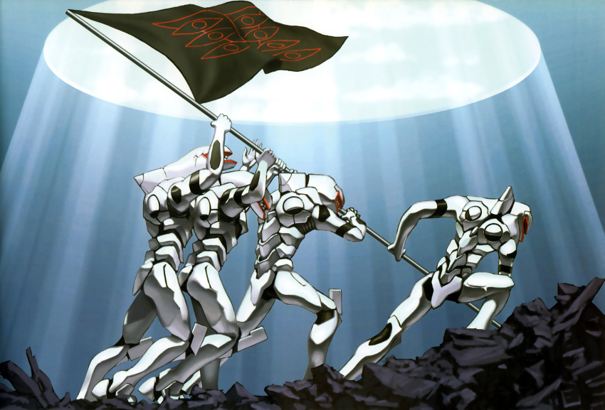 duplicate evangelion_(mecha) flag highres iwo_jima kaida_yuuji mass_production_eva mecha neon_genesis_evangelion no_humans parody raising_the_flag_on_iwo_jima robot science_fiction seele_(evangelion) the_end_of_evangelion world_war_ii