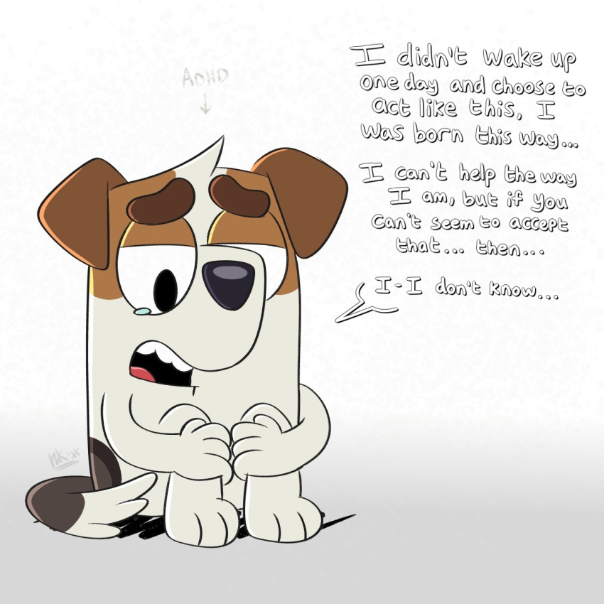 1:1 anthro bluey_(series) bodily_fluids brown_body brown_fur canid canine canis crying detailed dialogue digital_media_(artwork) domestic_dog english_text floppy_ears frown fur gradient_background hand_on_knee hand_on_leg head_tuft hi_res hunting_dog inklingbear_(artist) jack_russell_(bluey) jack_russell_terrier lolicon looking_down male mammal multicolored_body multicolored_fur open_mouth paws sad semi-anthro signature simple_background sitting solo tail tail_tuft tears terrier text tuft white_background white_body white_fur young young_anthro