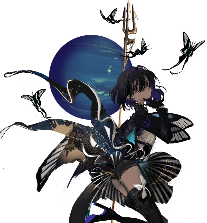 ass black_gloves black_hair boots bug butterfly colored_inner_hair female gloves hand_up high_heel_boots high_heels highres long_sleeves looking_at_viewer looking_back multicolored_hair narue neptune_(planet) neptune_symbol original polearm red_eyes solo thigh_boots trident weapon