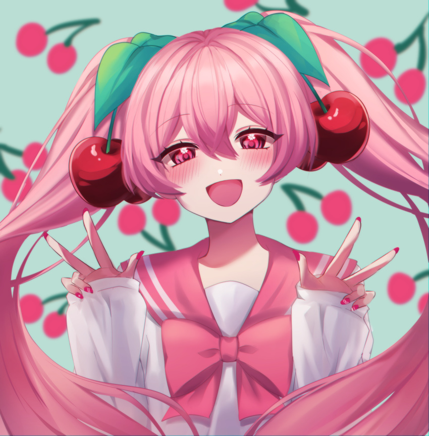 :d absurdres alternate_color bad_id bad_pixiv_id blush bow cherry_background cherry_hair_ornament commentary double_w female food-themed_hair_ornament hair_ornament hatsune_miku highres kenouo long_hair long_sleeves looking_at_viewer nail_polish open_mouth pink_bow pink_hair pink_sailor_collar red_nails sailor_collar sakura_miku shirt smile solo twintails upper_body very_long_hair vocaloid w