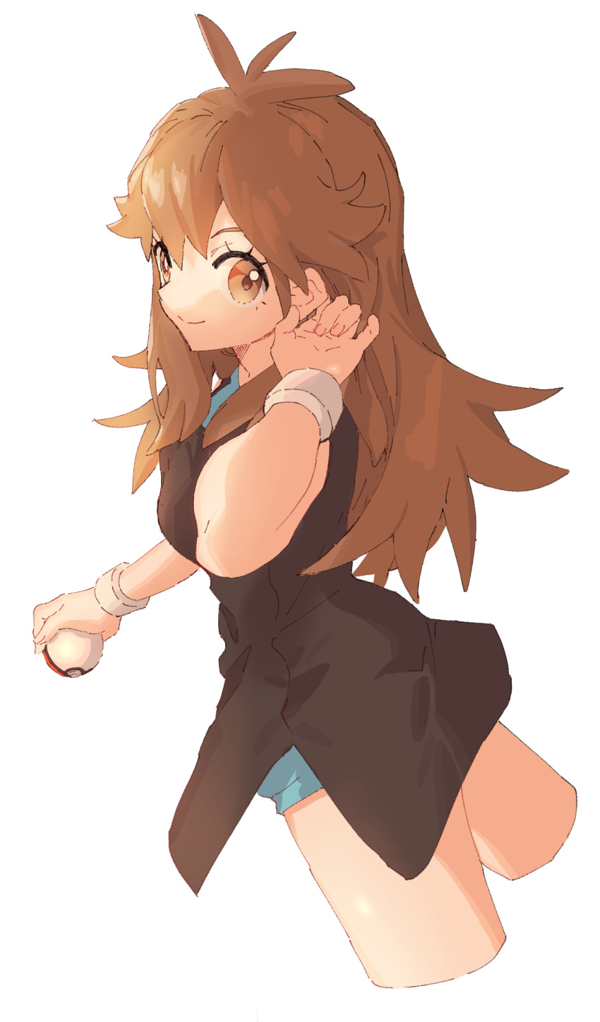 ankea_(a-ramo-do) arm_up black_dress blue_shorts breasts brown_eyes brown_hair closed_mouth commentary_request cropped_legs dress female from_behind green_(pokemon) happy highres holding holding_poke_ball long_hair looking_at_viewer looking_back medium_breasts poke_ball poke_ball_(basic) pokemon pokemon_lgpe short_dress short_shorts shorts simple_background smile solo standing white_background wristband