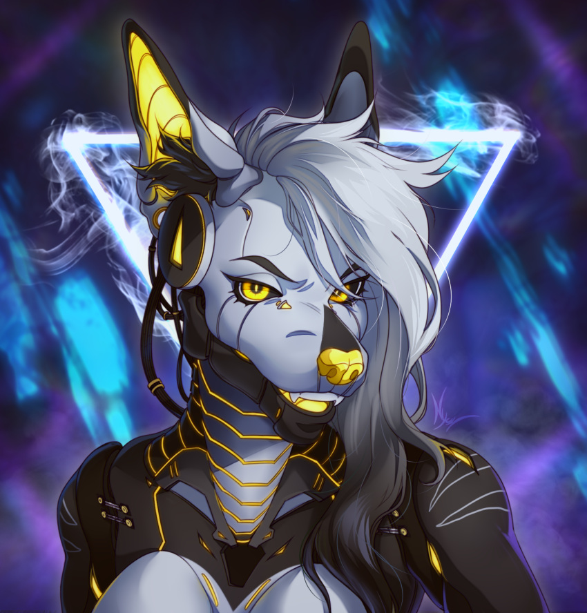 alex_(mxalexking) anthro canid canine canis cybernetics fangs female hair hi_res machine mammal robot solo teeth white_hair xsissa