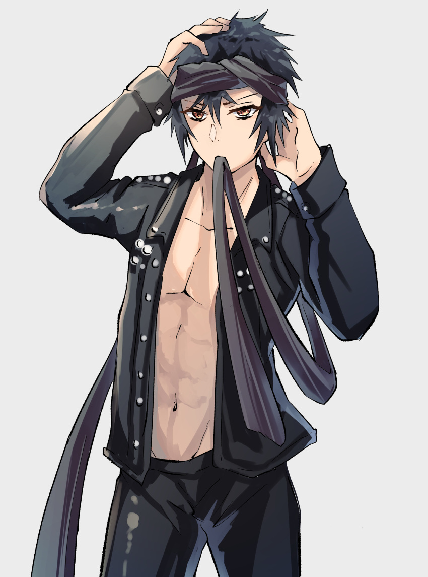 1boy absurdres annabell_(durch9sicht5) ayashimon black_hair black_headband black_pants brown_eyes headband highres jacket kotton_(ayashimon) leather leather_jacket long_sleeves male_focus mouth_hold navel pants short_hair simple_background solo white_background