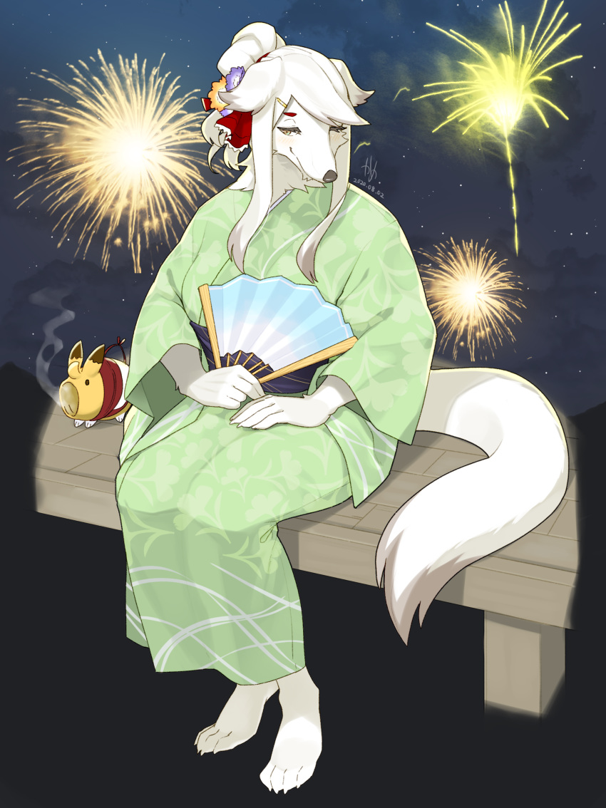 2020 absurd_res accessory anthro asian_clothing bench blush canid canine canis clothing cygames domestic_dog east_asian_clothing female fireworks folding_fan fur green_clothing hair hair_accessory helga_(world_flipper) hi_res holding_object japanese_clothing kame_3 kemono kimono mammal nordic_sled_dog samoyed smile solo spitz tied_hair white_body white_fur white_hair world_flipper