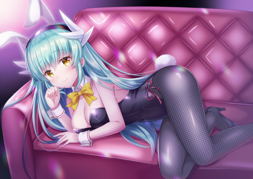 alternate_costume animal_ears aqua_hair black_footwear black_leotard black_pantyhose bow bowtie breasts cleavage couch detached_collar dragon_girl dragon_horns fake_animal_ears fake_tail fate/grand_order fate_(series) female fishnet_pantyhose fishnets high_heels horns kiyohime_(fate) leotard long_hair lying medium_breasts multiple_horns on_couch on_side pantyhose playboy_bunny rabbit_ears rabbit_tail side-tie_leotard solo strapless strapless_leotard suzumia_(daydream) tail wrist_cuffs yellow_bow yellow_bowtie yellow_eyes