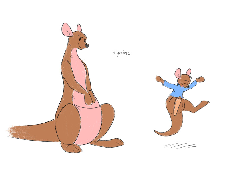 2021 animate_inanimate anthro biped black_nose blue_clothing blue_shirt blue_topwear bottomless clothed clothing disney duo eyelashes featureless_crotch female hi_res jumping kanga kangaroo living_plushie macropod male mammal marsupial nude open_mouth open_smile plushie roo_(winnie_the_pooh) shirt signature simple_background smile standing topwear tymime white_background winnie_the_pooh_(franchise)