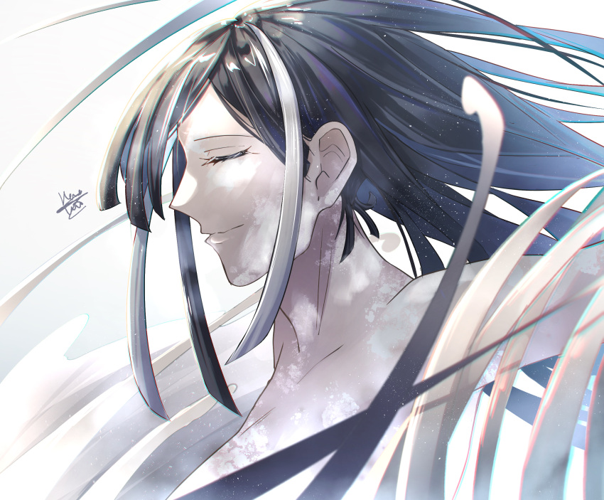 annabell_(durch9sicht5) ayashimon black_hair closed_eyes female hashihime_(ayashimon) highres simple_background solo unraveling white_hair