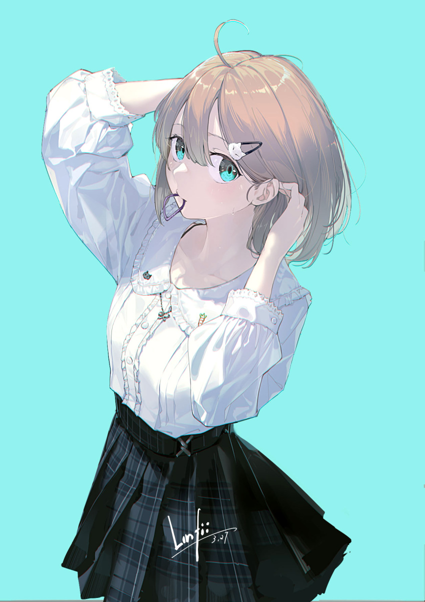 ahoge aqua_eyes arm_behind_head arm_up black_skirt blue_background breasts brown_hair cat_hair_ornament center_frills closed_mouth collarbone collared_shirt commentary_request female frills hair_between_eyes hair_ornament hair_tie hair_tie_in_mouth hairclip hand_up highres linfi-muu long_sleeves mouth_hold original plaid plaid_skirt pleated_skirt puffy_long_sleeves puffy_sleeves shirt skirt small_breasts solo sweat white_shirt