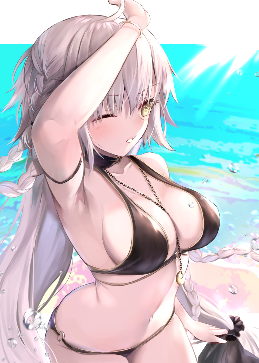 absurdres ahoge arm_strap between_breasts bikini blush braid breasts choker cleavage collarbone fate/grand_order fate_(series) female grey_hair hair_between_eyes hane_yuki highres jeanne_d'arc_alter_(fate) jeanne_d'arc_alter_(festival_outfit)_(fate) jewelry large_breasts long_hair navel necklace o-ring official_alternate_costume parted_lips solo stomach swimsuit yellow_eyes