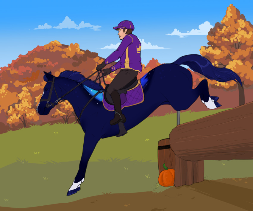 6:5 autumn barrel blue_body blue_fur blue_hooves blue_mane blue_sky blue_tail boots bottomwear bridle brown_bottomwear brown_clothing brown_hair brown_pants clothed clothing cloud detailed_background digital_media_(artwork) duo equid equine faime feral food footwear fruit fur gloves grass hair handwear hat headgear headwear hi_res hooves horse horseback_riding human jumping male mammal mane outside pants plant pumpkin purple_clothing purple_hat purple_headwear purple_topwear reins rhari rider riding riding_boots saddle side_view sky stirrups tail topwear tree white_body white_fur