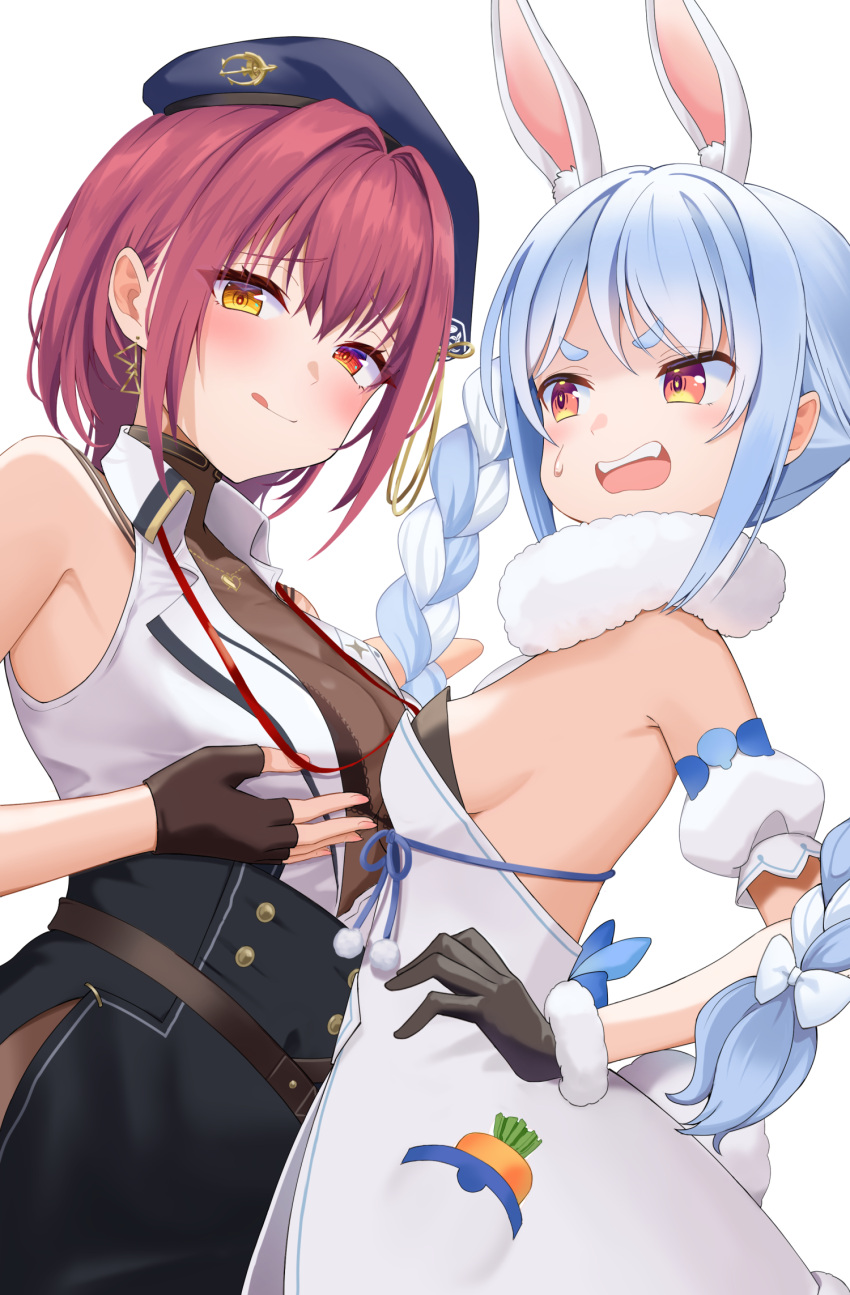 2girls asymmetrical_docking bare_shoulders black_gloves blue_hair blush breast_press breasts gloves highres hololive houshou_marine houshou_marine_(businesswoman) large_breasts licking_lips long_hair multiple_girls open_mouth orange_eyes red_eyes red_hair sable_mint short_hair sideboob small_breasts tongue tongue_out usada_pekora usada_pekora_(1st_costume) virtual_youtuber white_hair yellow_eyes