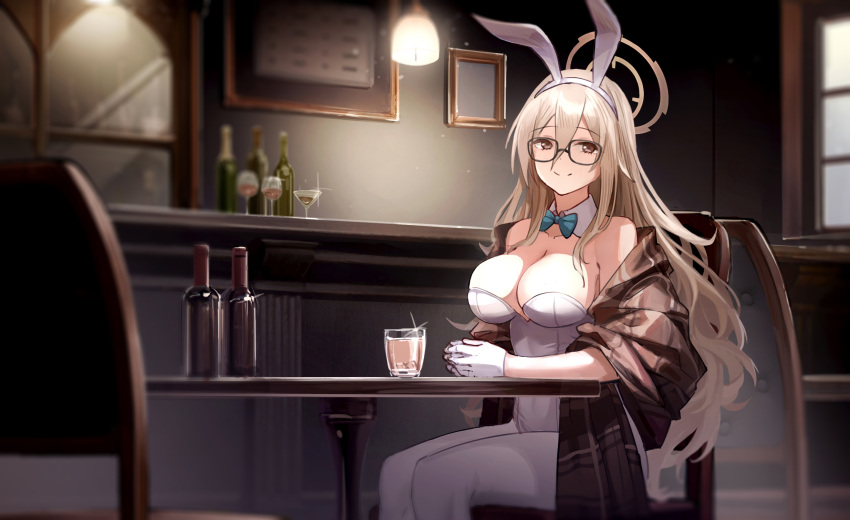 akane_(blue_archive) akane_(bunny)_(blue_archive) alcohol animal_ears aqua_bow aqua_bowtie bar_(place) bare_shoulders blue_archive blurry bottle bow bowtie breasts brown_eyes brown_hair cleavage cocktail_glass commentary cup depth_of_field detached_collar drinking_glass fake_animal_ears female glass glasses gloves hair_between_eyes halo highres large_breasts leotard light long_hair official_alternate_costume pantyhose picture_frame plaid_shawl playboy_bunny qumai79 shawl sitting smile solo table white_gloves white_leotard white_pantyhose wine_bottle wine_glass