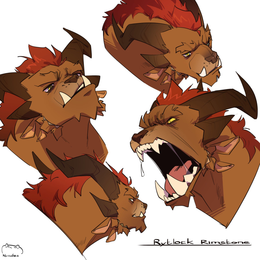 1:1 anthro bodily_fluids brown_body brown_fur charr drooling fangs felid fur guild_wars hair hi_res horn male mammal nyuudles open_mouth red_hair roaring rytlock_brimstone saliva solo video_games