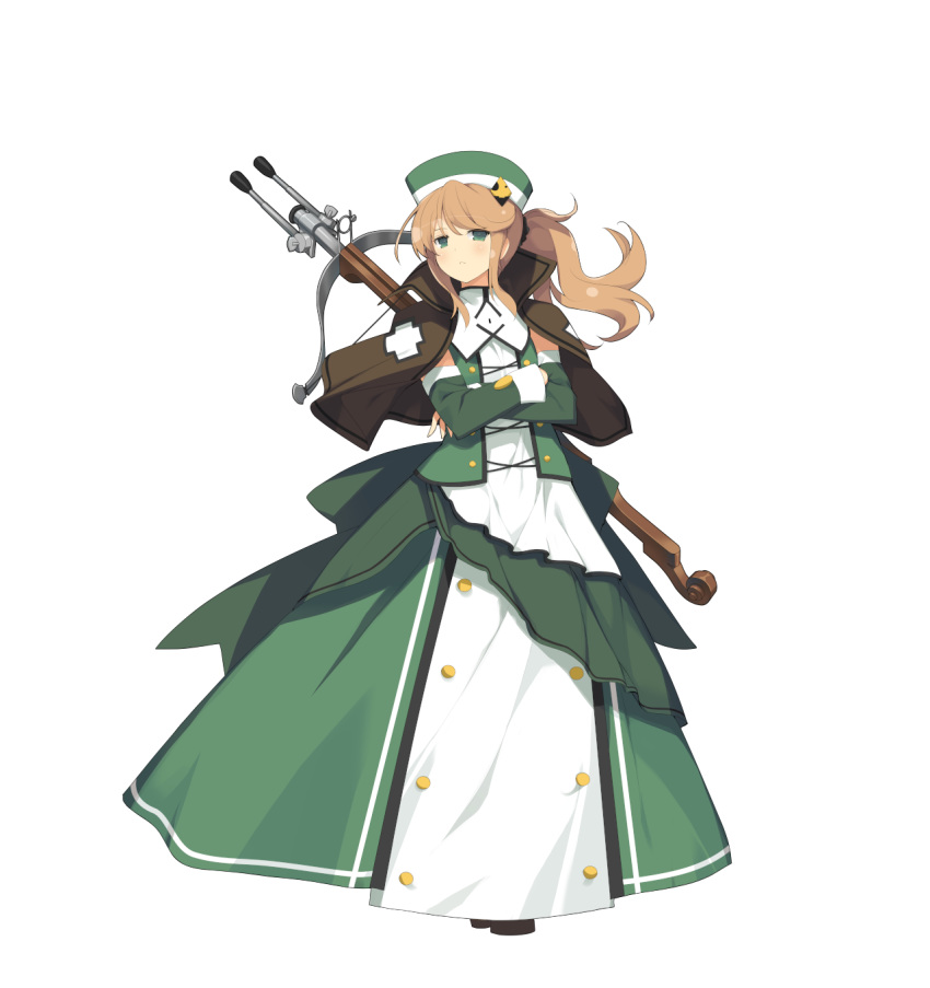 brown_hair capelet crossbow crossed_arms detached_sleeves dress evenicle evenicle_(series) female full_body green_dress green_eyes hat highres kathryn_lapucelle long_dress long_hair looking_at_viewer official_art ponytail solo tachi-e transparent_background tsundere weapon yaegashi_nan