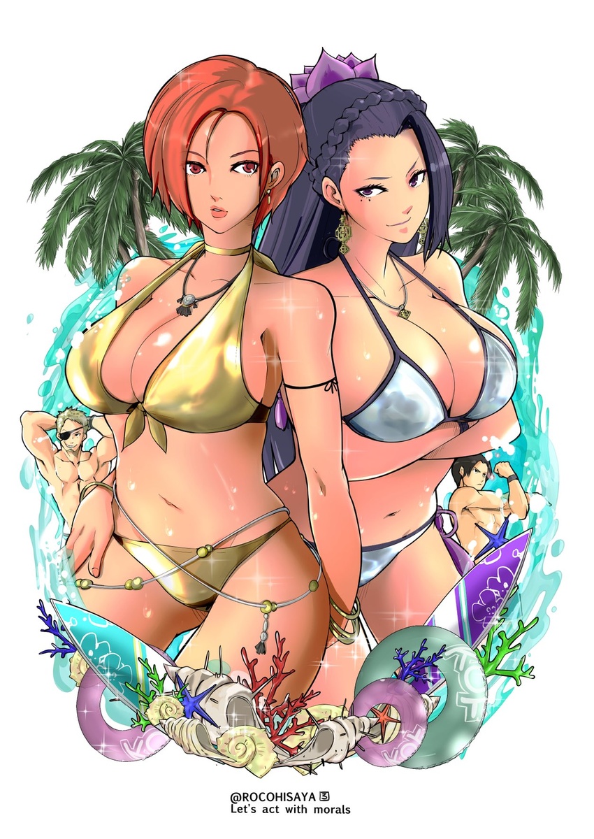 2boys 2girls beach bikini braid breasts choker crossed_arms earrings gold_bikini highres innertube jewelry kim_kaphwan large_breasts long_hair luong midriff multiple_boys multiple_girls navel necklace palm_tree purple_eyes purple_hair ramon_(kof) red_eyes red_hair rocohisaya seashell shell short_hair silver_bikini single_braid surfboard swim_ring swimsuit the_king_of_fighters tree vanessa_(kof) water