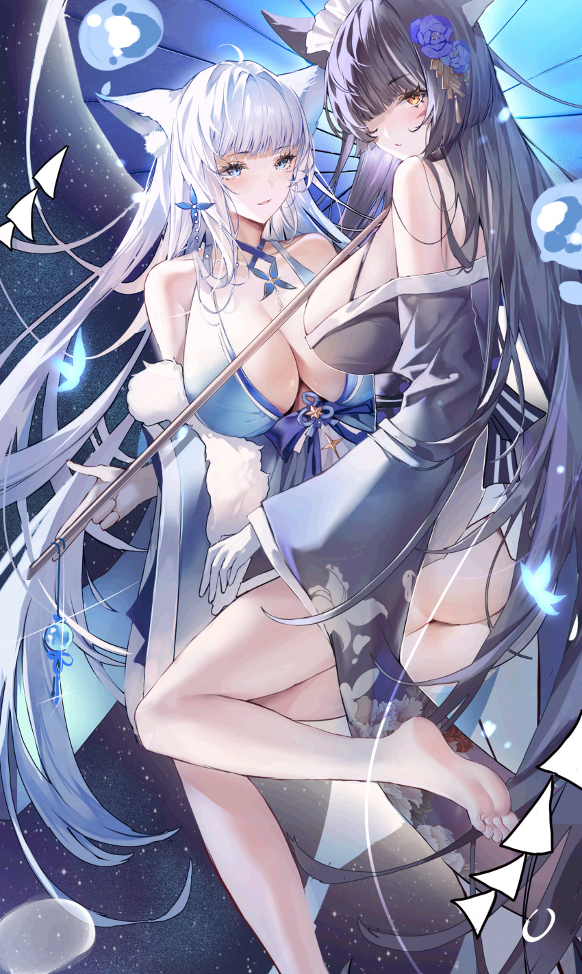 2girls absurdres animal_ear_fluff animal_ears ass azur_lane bare_legs bare_shoulders barefoot black_hair black_kimono blue_butterfly blue_eyes blush breasts brooch bug butterfly cleavage commentary_request feet floral_print flower foot_out_of_frame foot_up fox_ears gloves hair_flower hair_ornament highres holding holding_umbrella japanese_clothes jewelry kimono large_breasts long_hair long_sleeves looking_at_viewer maid maid_headdress multiple_girls musashi_(azur_lane) musashi_(violet_moonglow)_(azur_lane) night night_sky official_alternate_costume oil-paper_umbrella one_eye_closed orange_eyes parted_lips shinano_(azur_lane) shinano_(dreams_of_the_hazy_moon)_(azur_lane) short_kimono sideboob sky smile soles star_(sky) starry_sky toes umbrella wa_maid water_drop white_gloves white_hair wide_sleeves xiongshouji