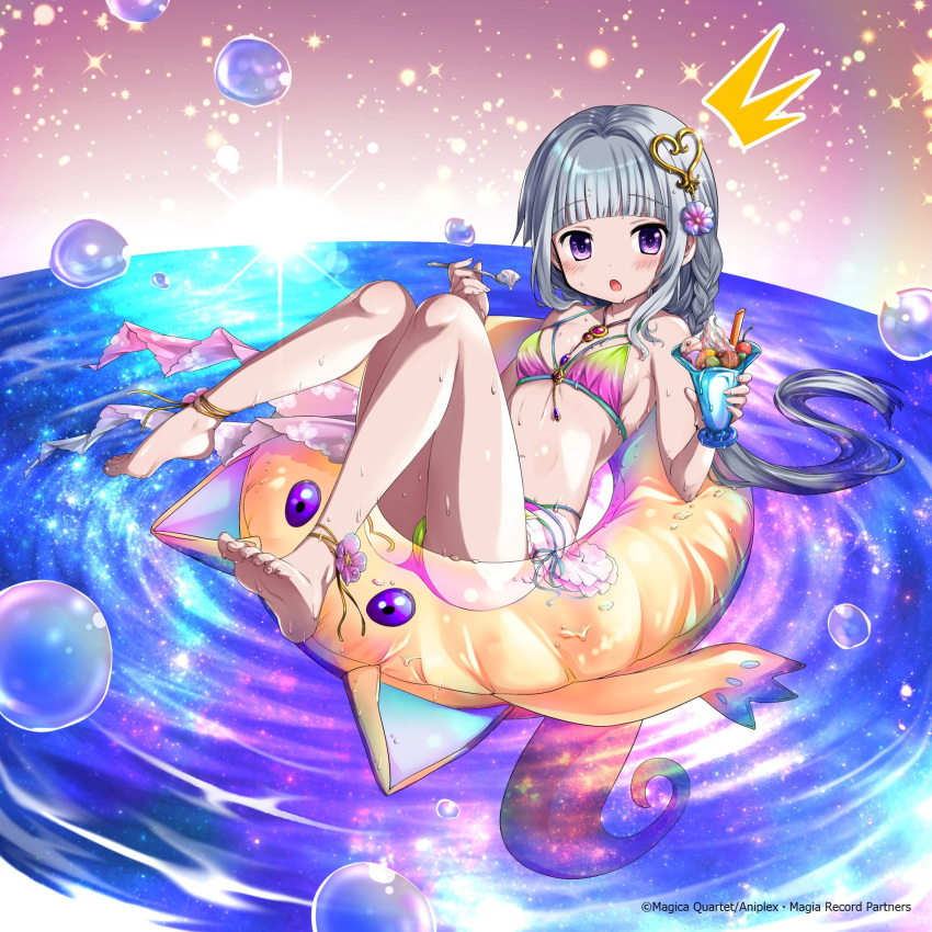 anklet bikini blunt_bangs braid colorized commentary_request copyright_notice cup female flower food full_body hair_flower hair_intakes hair_ornament heart heart_hair_ornament highres holding holding_cup holding_spoon ice_cream innertube jewelry keke_(user_zech7732) magia_record:_mahou_shoujo_madoka_magica_gaiden mahou_shoujo_madoka_magica necklace nurimas pink_bikini punyan ripples solo spoon sundae swim_ring swimsuit tamaki_iroha tamaki_iroha_(swimsuit_ver.) water_drop yellow_bikini