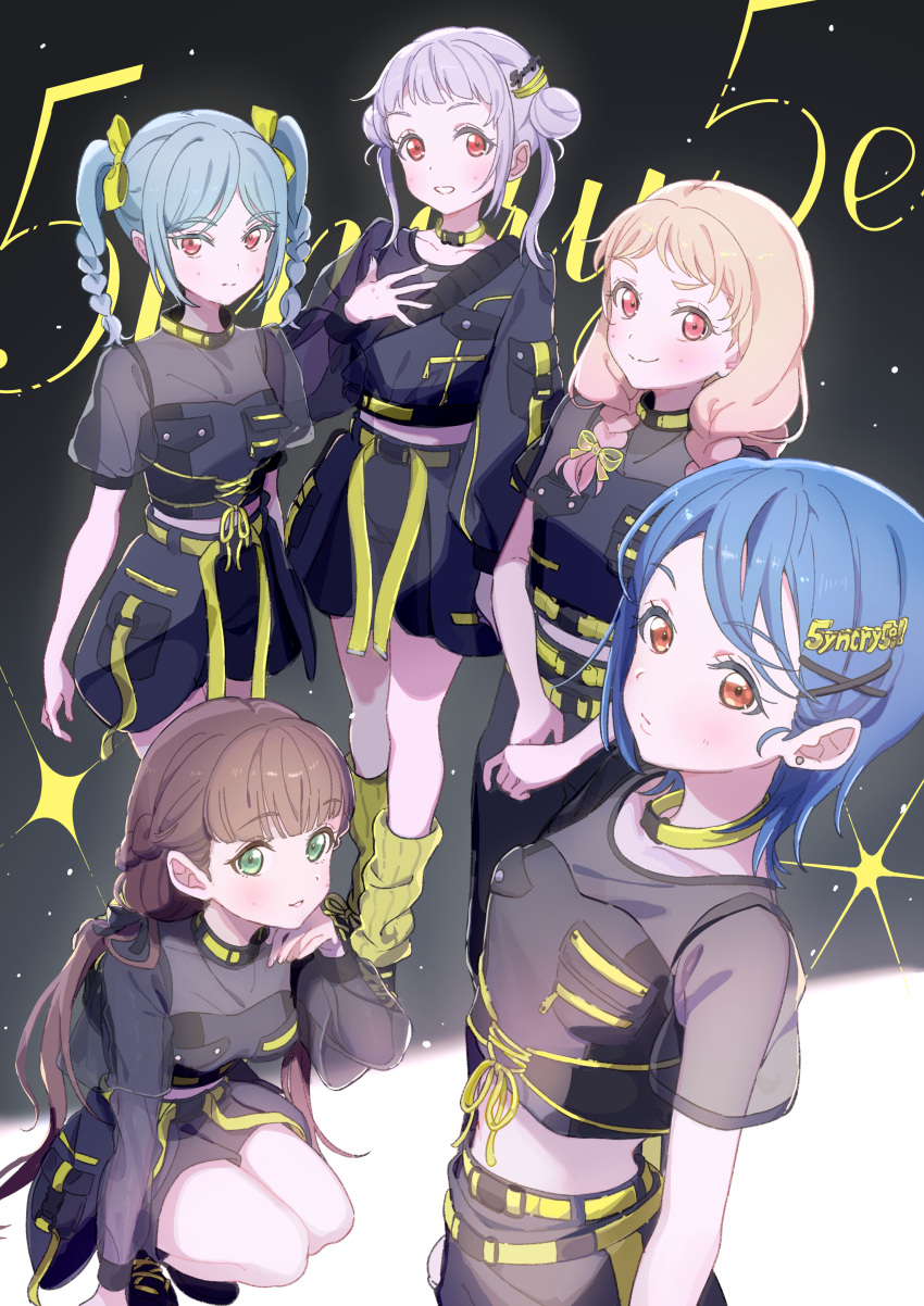 5girls 5yncri5e!_(love_live!) absurdres arashi_chisato ban_(one_ban7241) belt black_footwear black_jacket black_skirt blonde_hair blue_hair breast_pocket brown_hair choker closed_mouth collarbone commentary double_bun green_eyes green_hair grey_hair group_name hair_bun hair_ornament hand_up highres jacket long_hair long_sleeves looking_at_viewer loose_socks love_live! love_live!_superstar!! medium_hair midriff multiple_girls onitsuka_natsumi onitsuka_tomari orange_eyes parted_lips pink_eyes pocket raised_eyebrow red_hair sakurakoji_kinako see-through_clothes see-through_sleeves shoes short_hair short_sleeves siblings sidelocks sisters skirt smile socks squatting standing swept_bangs thank_you_good_morning twintails wakana_shiki yellow_belt yellow_choker yellow_socks