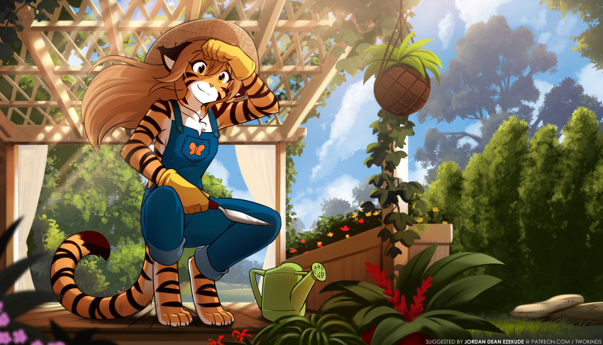 :3 animal_ears animal_feet blue_overalls breasts commentary digitigrade english_commentary english_text female flora_(twokinds) flower furry furry_female garden gloves hand_up hat highres holding leaf long_hair naked_overalls official_art orange_hair outdoors overalls patio sideboob small_breasts smile solo squatting straw_hat sun_hat tail tiger_ears tiger_girl tiger_tail tom_fischbach twokinds watering_can wiping_face yellow_eyes yellow_gloves