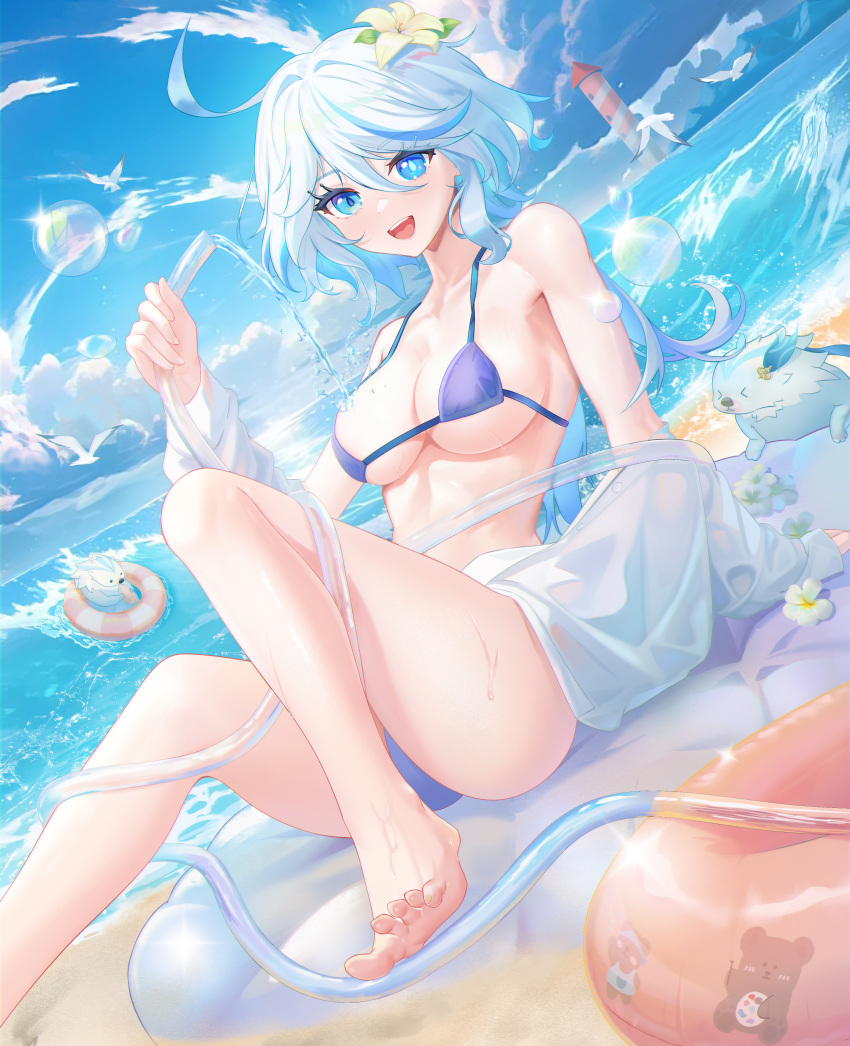 absurdres baozaifan_meiyouzai barefoot bikini blue_bikini blue_eyes blue_hair cowlick drop-shaped_pupils feet female flower furina_(genshin_impact) genshin_impact hair_between_eyes hair_flower hair_ornament heterochromia highres holding holding_hose hose innertube leisurely_otter_(genshin_impact) light_blue_hair lighthouse long_hair looking_at_viewer multicolored_hair ocean open_mouth solo solo_focus swim_ring swimsuit symbol-shaped_pupils toes