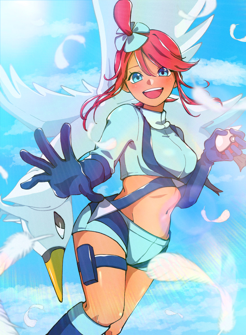 :d absurdres banapi0504 blue_eyes blue_footwear blue_gloves blue_jacket blue_shorts boots breasts cloud commentary_request cropped_jacket day female gloves hair_ornament happy highres holding holding_poke_ball jacket midriff navel one_side_up open_mouth outdoors poke_ball poke_ball_(basic) pokemon pokemon_(creature) pokemon_bw pouch short_shorts shorts sidelocks sky skyla_(pokemon) smile spread_fingers swanna teeth thigh_pouch upper_teeth_only