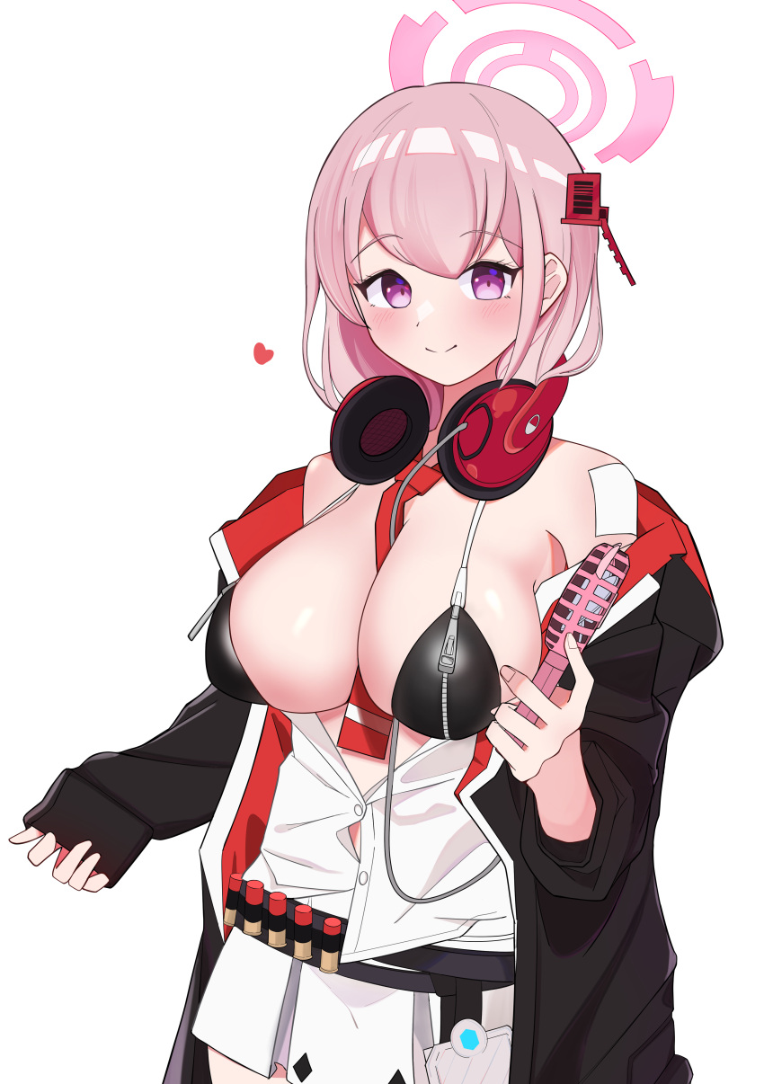 absurdres bandaid bandaid_on_shoulder between_breasts bikini black_bikini black_jacket blue_archive blush breast_zipper breasts cleavage down_jacket eimi_(blue_archive) female halo handheld_electric_fan headphones headphones_around_neck highres jacket large_breasts long_hair long_sleeves looking_at_viewer myrica_kakikaki necktie necktie_between_breasts open_clothes open_jacket padded_jacket pink_hair pink_halo purple_eyes shirt shotgun_shell sleeves_past_wrists solo swimsuit white_background white_shirt zipper_bikini