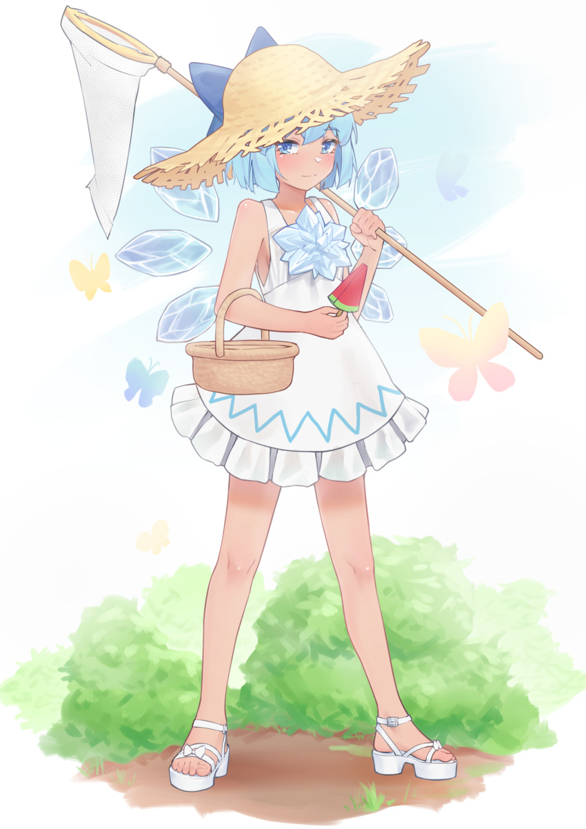 absurdres alternate_costume bare_legs basket blue_bow blue_eyes blue_hair blush bob_cut bow breasts bug butterfly butterfly_net cirno commentary_request double-parted_bangs feet female food frills full_body hairbow hand_net hand_up hat high_heels highres holding holding_butterfly_net holding_food holding_popsicle ice ice_wings legs legs_apart light_smile littiecy looking_at_viewer outdoors popsicle sandals short_hair sideboob simple_background solo split_mouth standing sun_hat tan tanned_cirno toenails toes touhou variant_set watermelon_bar white_background wings