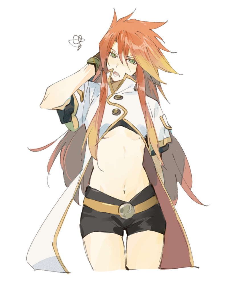 arm_behind_head belt belt_buckle black_shorts breasts brown_belt buckle clothing_cutout cropped_legs female genderswap_(mtf) gloves green_eyes highres jacket long_hair luke_fon_fabre midriff open_mouth orange_hair rule_63 shorts sidelocks simple_background solo squiggle tales_of_(series) tales_of_the_abyss underboob white_background white_jacket xing_20