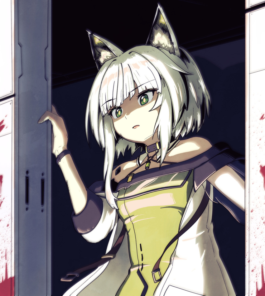 animal_ears arknights arm_up bare_shoulders blood blood_splatter bright_pupils commentary_request cowboy_shot dress female green_dress green_eyes halterneck highres indoors kal'tsit_(arknights) looking_ahead material_growth open_mouth oripathy_lesion_(arknights) shaded_face short_hair shuuzen_(shu-zen) solo standing surprised white_hair yellow_pupils