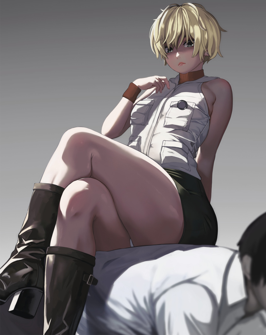 blonde_hair boots dead_by_daylight female heather_mason highres miniskirt pencil_skirt silent_hill_(series) silent_hill_3 sitting sitting_on_person skirt solo suzusiron thick_thighs thighs