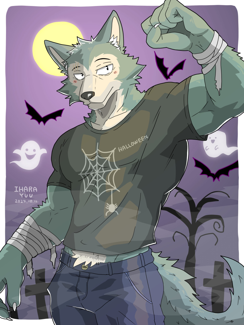 1boy absurdres artist_name bandages bat_(animal) beastars claws commentary_request dated fog full_moon furry furry_male ghost graveyard halloween highres ihara_yuu legoshi male_focus moon muscular muscular_male night outdoors print_shirt purple_sky scar scar_on_face shirt sky solo tail tombstone two-tone_fur wolf_boy