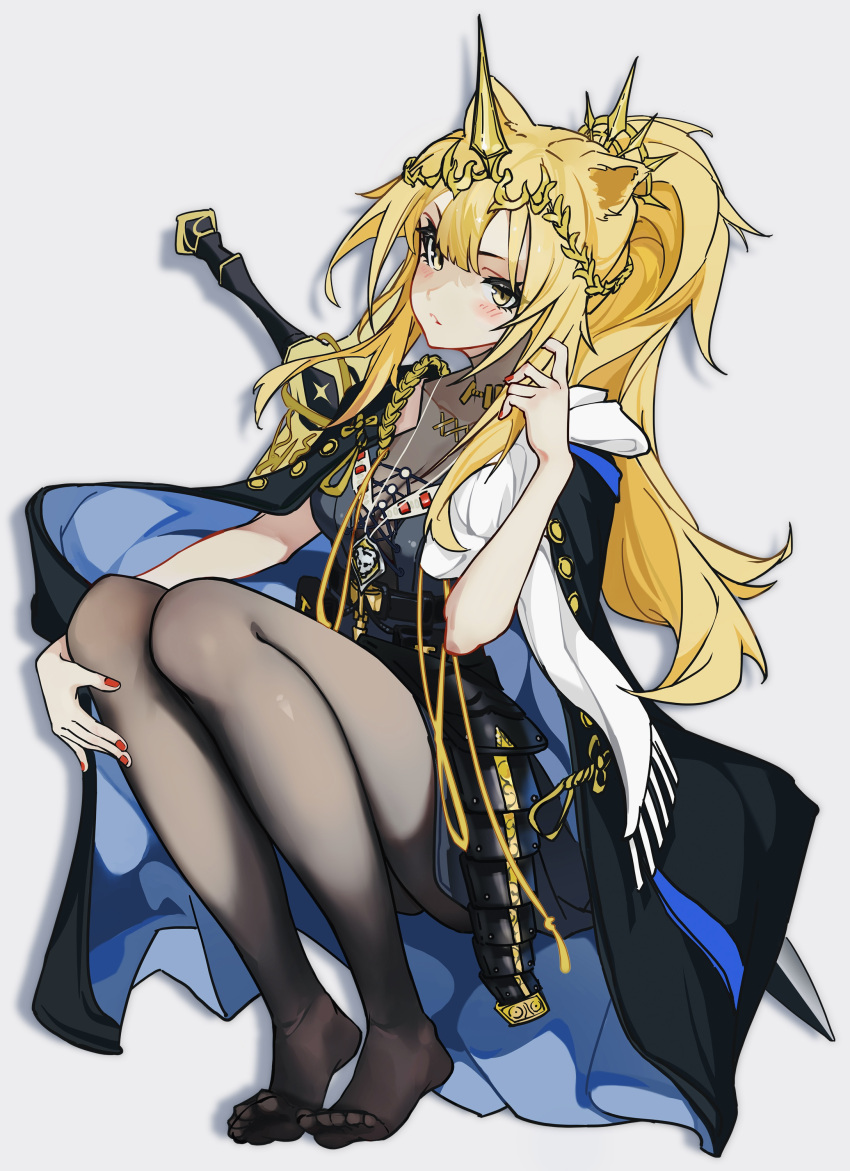 absurdres animal_ears arknights armor baoliehuo_yanhong black_cape black_dress black_pantyhose blonde_hair blue_cape blush cape chinese_commentary commentary_request dress feet female fingernails fringe_trim full_body gold grey_background hand_in_own_hair hand_up highres long_hair looking_at_viewer nail_polish no_shoes orange_nails pantyhose scarf shadow siege_(arknights) simple_background smile solo toes two-sided_cape two-sided_fabric vina_victoria_(arknights) white_scarf yellow_eyes