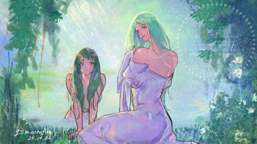 2girls bare_shoulders dated dress fire_emblem fire_emblem_heroes flayn_(fire_emblem) grass green_eyes green_hair highres lake long_dress long_hair multiple_girls nude rhea_(fire_emblem) sevenney sign wading wet wet_hair white_dress