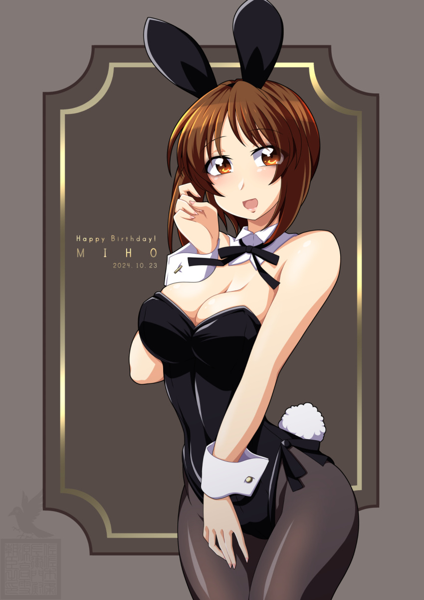 animal_ears black_leotard black_pantyhose black_ribbon breasts brown_eyes brown_hair character_name cleavage commentary_request cowboy_shot detached_collar female girls_und_panzer highres ichijou_takakiyo large_breasts leotard neck_ribbon nishizumi_miho pantyhose playboy_bunny rabbit_ears rabbit_tail ribbon short_hair side-tie_leotard solo strapless strapless_leotard tail wrist_cuffs