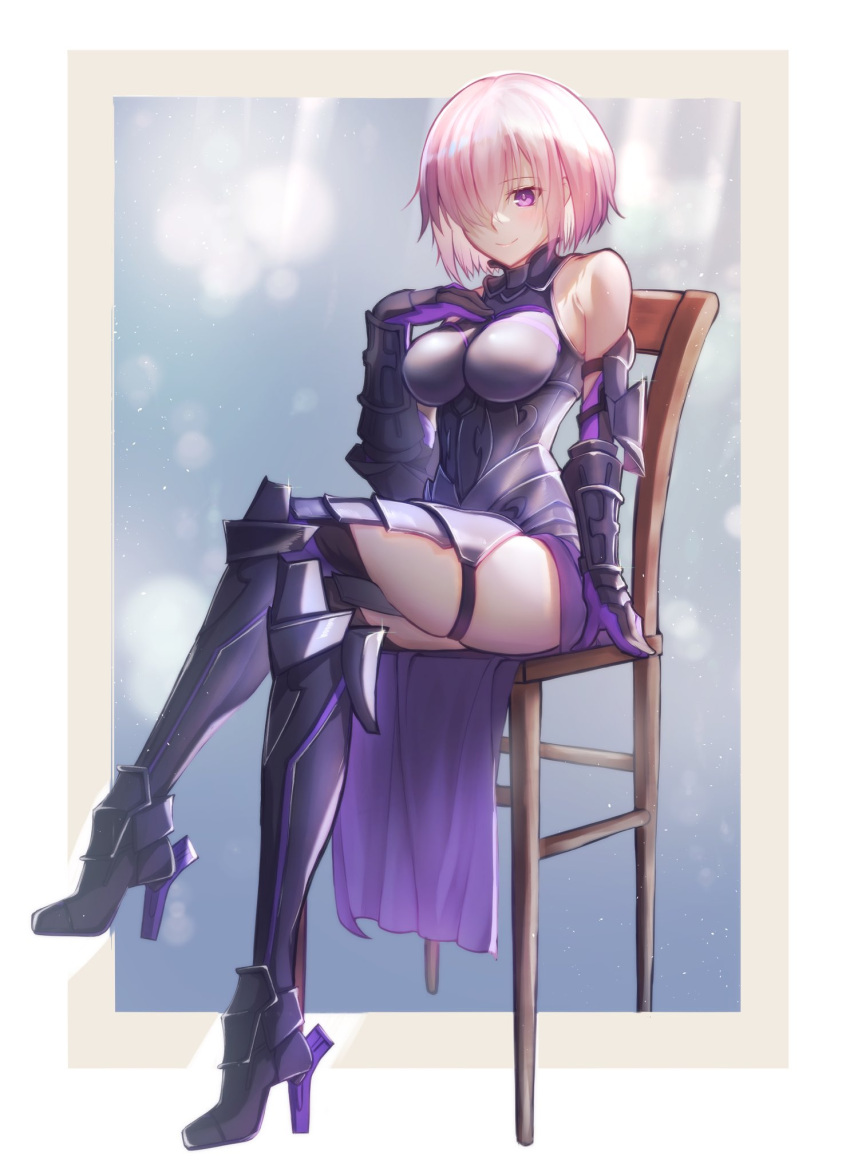 armor armored_dress armored_leotard bare_shoulders black_armor black_leotard blush breasts cleavage elbow_gloves fallstreak_hole fate/grand_order fate_(series) female gloves greaves hair_over_one_eye highres holding holding_shield large_breasts leotard looking_at_viewer lord_camelot_(fate) mash_kyrielight pink_hair purple_eyes purple_gloves purple_hair shield short_hair smile solo thigh_strap thighs toomishou