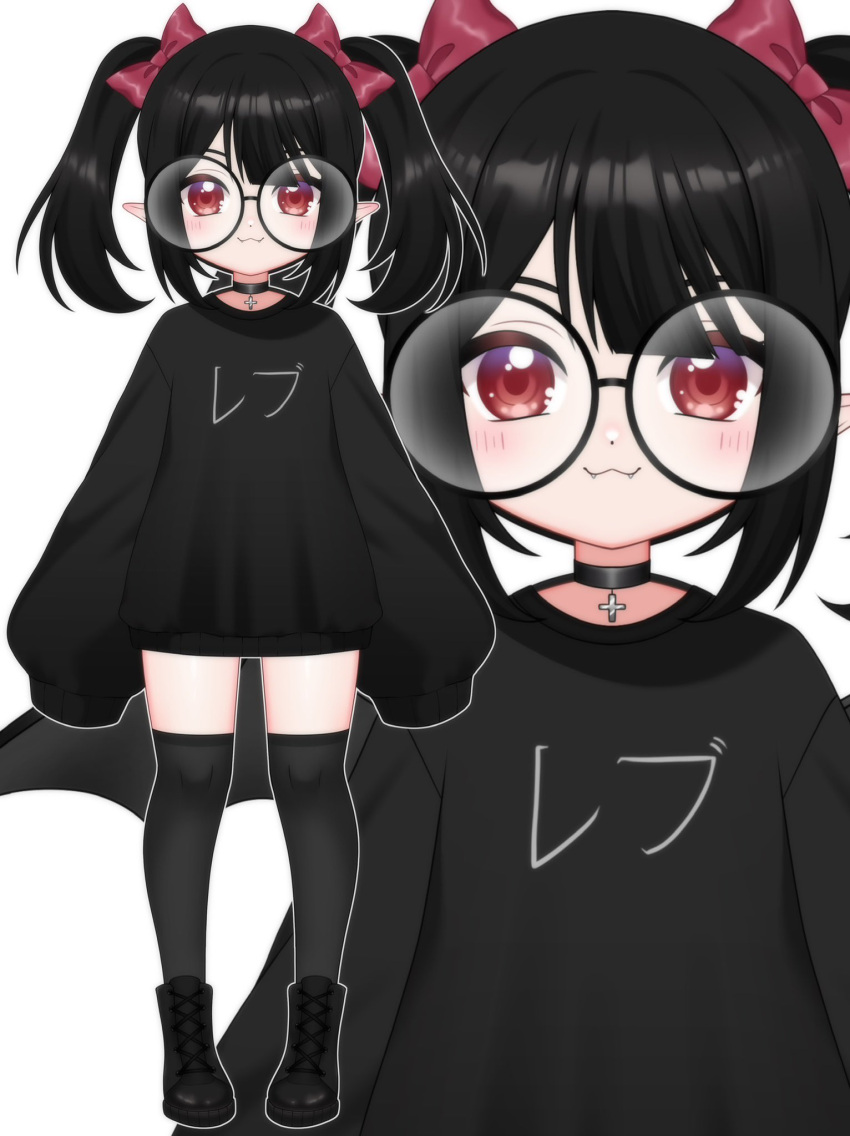 :3 achibibyte black-framed_eyewear black_choker black_footwear black_sweater black_thighhighs blush bow choker commentary cross_pendant english_commentary fangs female hairbow highres indie_virtual_youtuber medium_hair multiple_views official_art pendant_choker pointy_ears red_bow red_eyes rev_says_desu round_eyewear simple_background sleeves_past_fingers sleeves_past_wrists standing straight-on sweater thighhighs twintails virtual_youtuber white_background zoom_layer