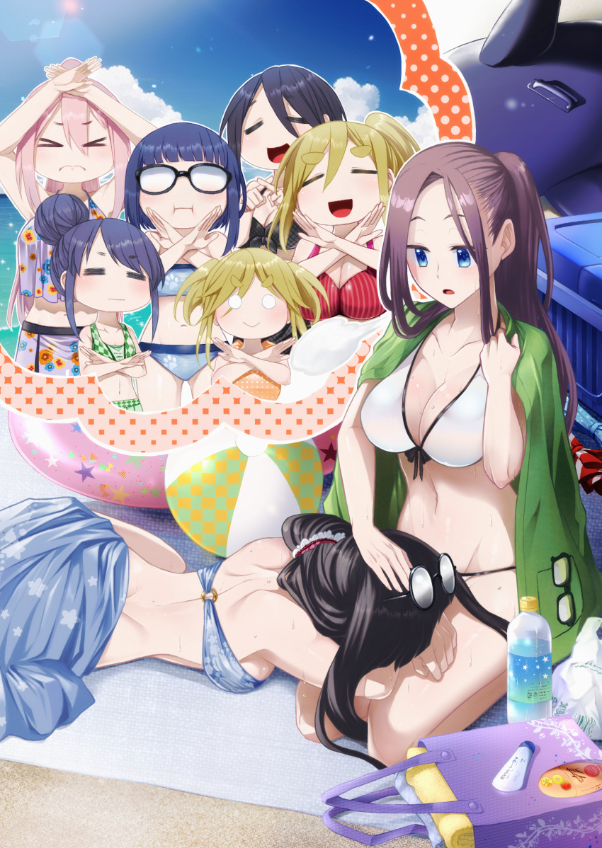 >_< =_= ball beachball bikini black_hair blue_bikini blue_eyes blunt_bangs bottle bow breasts brown_hair cleavage commentary_request eyewear_on_head face_down flat_chest forehead front-tie_bikini_top front-tie_top frown glasses green_background green_jacket hair_bun highres inuyama_akari inuyama_aoi jacket jacket_on_shoulders kagamihara_nadeshiko kagamihara_sakura keke_(user_zech7732) lap_pillow large_breasts medium_breasts navel o-ring o-ring_bikini o_o oogaki_chiaki opaque_glasses ponytail pout purple_background raised_eyebrows red_bow saitou_ena seiza shima_rin side_ponytail single_hair_bun sitting swimsuit textless_version thick_eyebrows toba_minami trembling two_side_up water_bottle white_bikini x_arms yurucamp