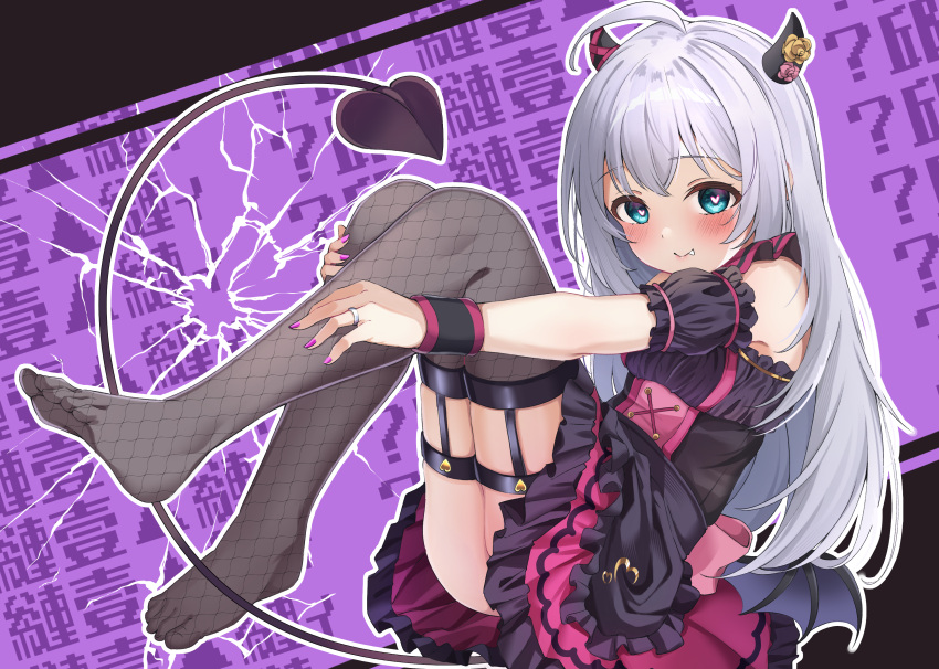 :o absurdres bare_shoulders black_dress blue_eyes blush demon_horns demon_tail demon_wings dress female fishnet_thighhighs fishnets highres horn_ornament horns idolmaster idolmaster_million_live! karamomosu knees_up layered_skirt long_hair looking_at_viewer low_wings mochizuki_anna puffy_short_sleeves puffy_sleeves short_sleeves skirt solo tail thigh_strap thighhighs white_hair wings wrist_cuffs