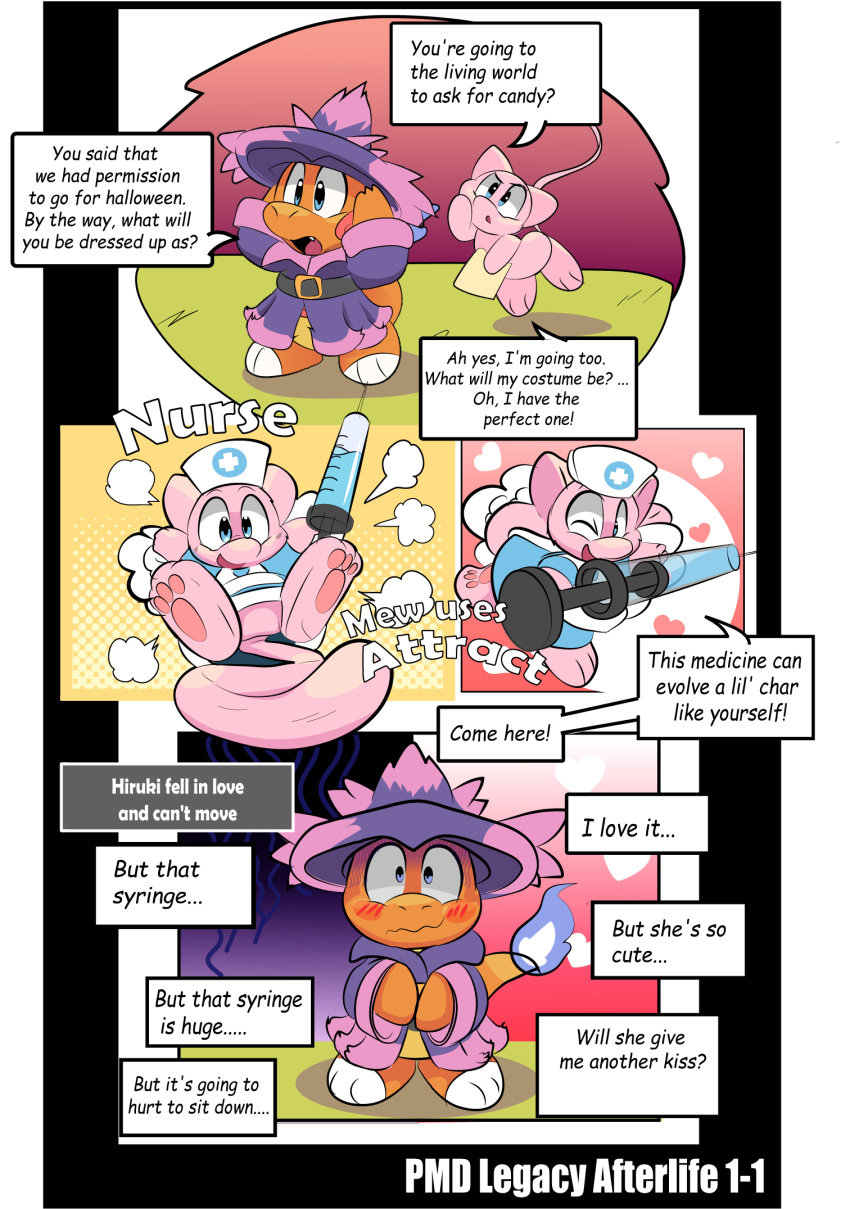 4_panel_comic charmander clothing costume female fire flaming_tail flirting floating fur generation_1_pokemon halloween hi_res holidays legendary_pokemon male mew_(pokemon) nintendo pink_body pink_fur pokemon pokemon_(species) spike_chunsoft tail talking_to_another wymek