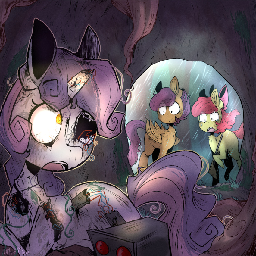 1:1 2019 apple_bloom_(mlp) broken_horn cave circuitry damaged equid equine female feral friendship_is_magic group hair hasbro hi_res horn machine mammal my_little_pony mythological_creature mythological_equine mythology orange_hair pegasus purple_hair raining red_hair robot scootaloo_(mlp) sweetie_bot_(mlp) trio unicorn urbanqhoul white_body wings yellow_body