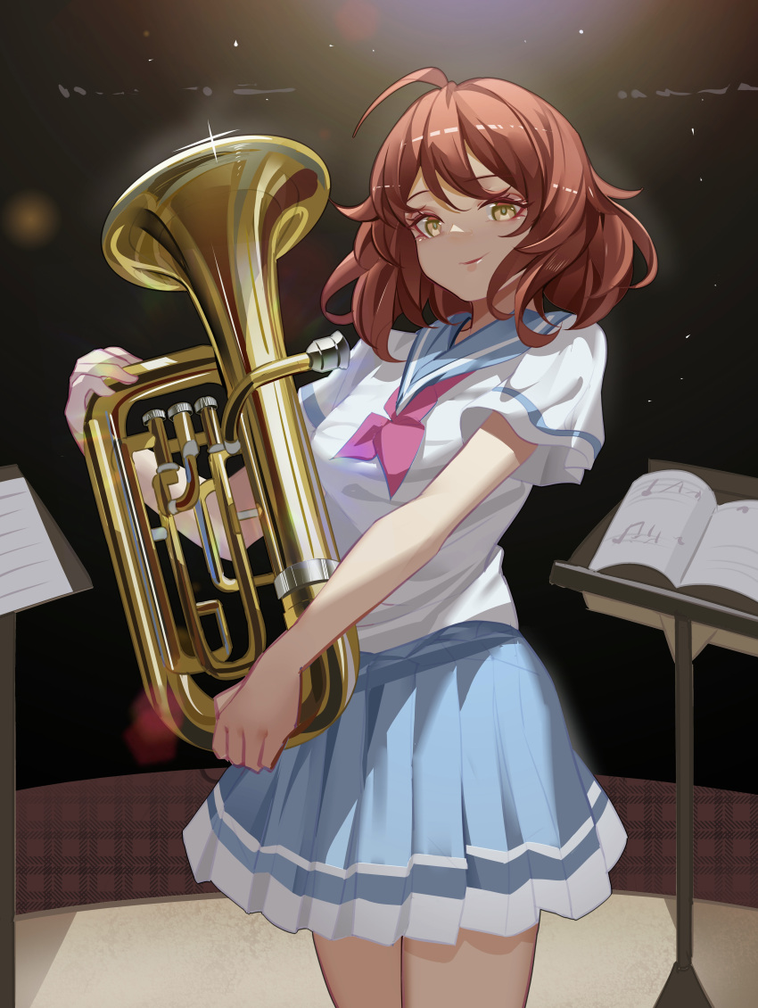 absurdres ahoge blue_sailor_collar blue_skirt book bow breasts brown_eyes brown_hair character_request cowboy_shot euphonium female hibike!_euphonium highres holding holding_instrument instrument light_smile looking_at_viewer luai medium_breasts mixed-language_commentary mouthpiece neckerchief oumae_kumiko pink_neckerchief pleated_skirt sailor_collar school_uniform serafuku shirt short_hair short_sleeves skirt solo white_shirt