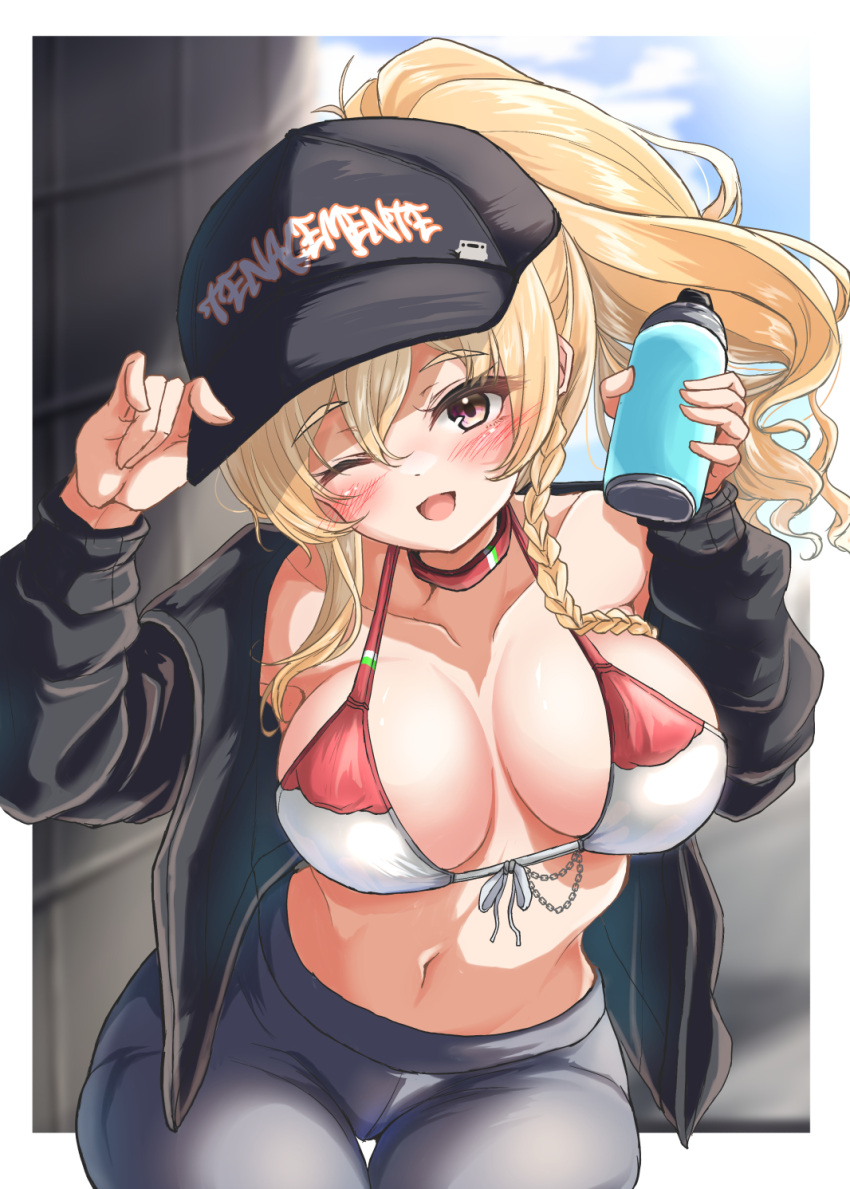 alternate_costume alternate_hairstyle baseball_cap bikini bikini_top_only black_hat black_jacket blonde_hair bottle braid breasts clothes_writing commentary_request female front-tie_bikini_top front-tie_top grey_pants hat highres jacket kantai_collection kasashi_(kasasi008) large_breasts one_eye_closed pants ponytail single_braid smile solo swimsuit two-tone_bikini water_bottle yoga_pants zara_(kancolle)