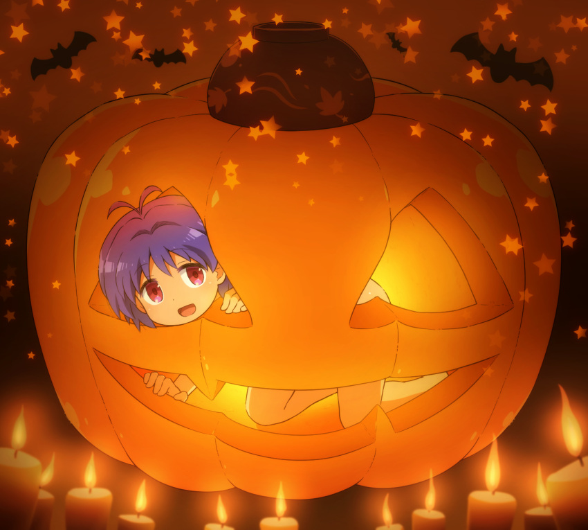 :d animal antenna_hair bat_(animal) bowl candle commentary_request female fire food hair_between_eyes halloween highres implied_nudity in_food jack-o'-lantern looking_at_viewer mini_person minigirl nude purple_hair red_eyes shirosato smile solo star_(symbol) sukuna_shinmyoumaru touhou