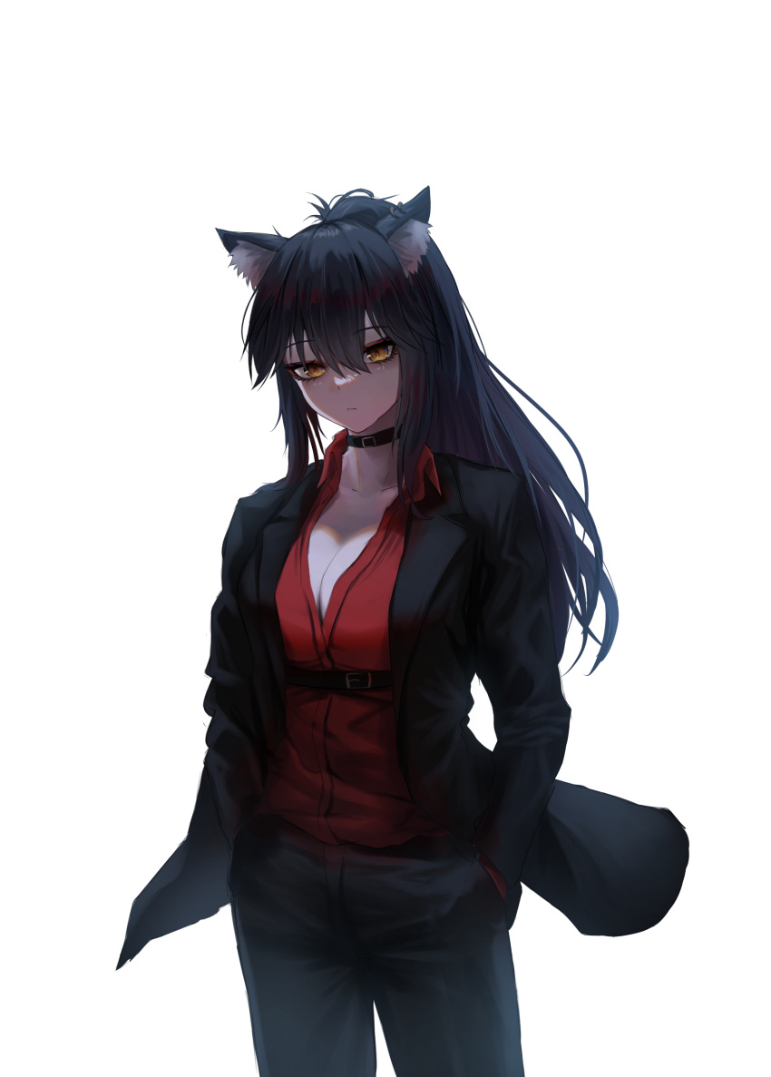 absurdres animal_ear_fluff animal_ear_piercing animal_ears arknights black_choker black_jacket black_pants blazer breasts choker cleavage closed_mouth collared_shirt commentary cowboy_shot female hair_between_eyes hands_in_pockets highres jacket lapels large_breasts long_sleeves looking_at_viewer official_alternate_costume pants red_shirt shirt simple_background solo standing takagi_(takag1_k2) texas_(arknights) texas_(willpower)_(arknights) transparent_background wolf_ears wolf_girl yellow_eyes