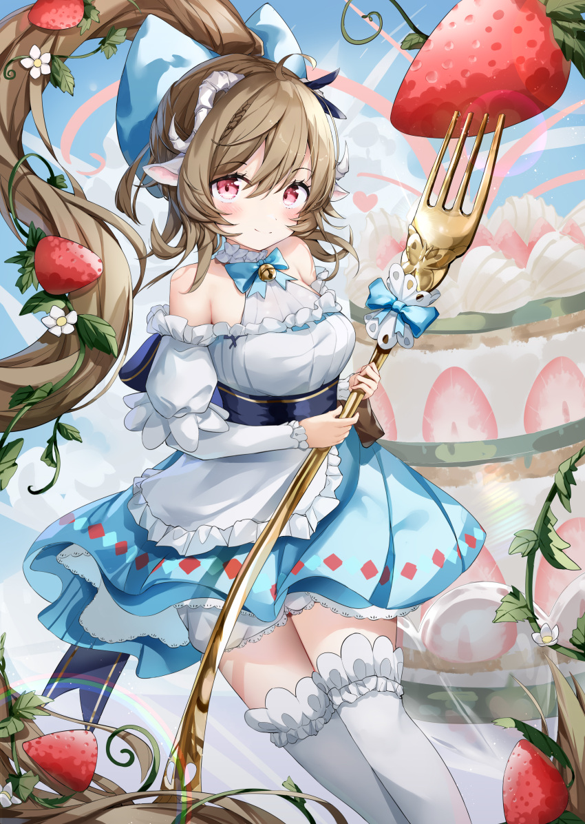 absurdres animal_ears arknights bare_shoulders bell blue_bow blue_bowtie blue_skirt blush bow bowtie brown_hair closed_mouth commentary_request cream curled_horns eyjafjalla_(arknights) eyjafjalla_the_hvit_aska_(a_picnic_before_a_long_trip)_(arknights) eyjafjalla_the_hvit_aska_(arknights) feet_out_of_frame female floating_hair flower food fork frilled_shirt frilled_sleeves frills fruit glint gold hair_between_eyes hairbow heart highres holding holding_fork horns jingle_bell leaf lens_flare light_particles long_hair long_sleeves looking_at_viewer mltsora neck_bell official_alternate_costume oversized_object pink_eyes ponytail purple_sash sash shirt skirt smile solo split_mouth standing strawberry thighhighs white_flower white_horns white_shirt white_thighhighs